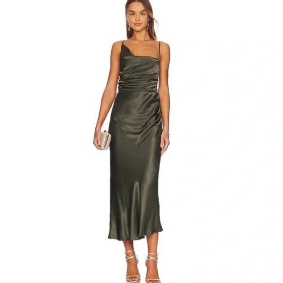 NWOT Shona Joy Giorgia Asymmetrical Midi Dress - Forest Green - Size 6